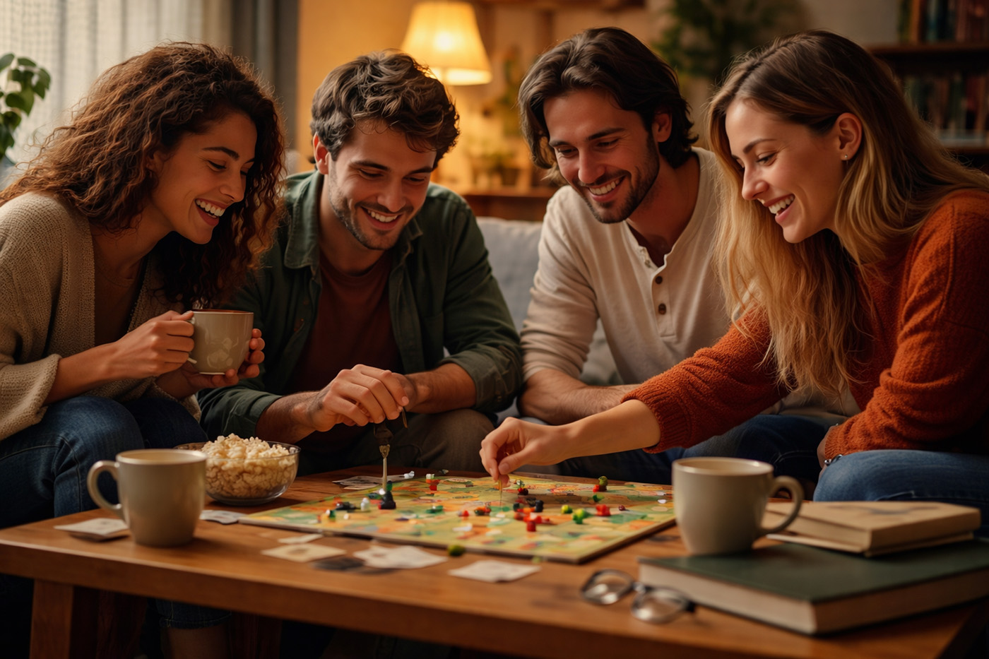 Friends playing a board game together at home, unplugged.