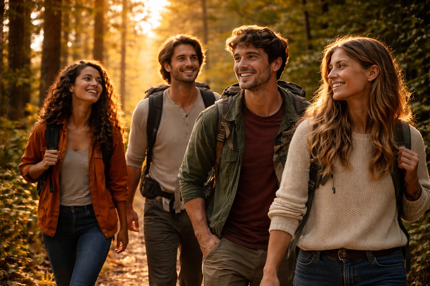 Young adults hiking in nature, unplugged.
